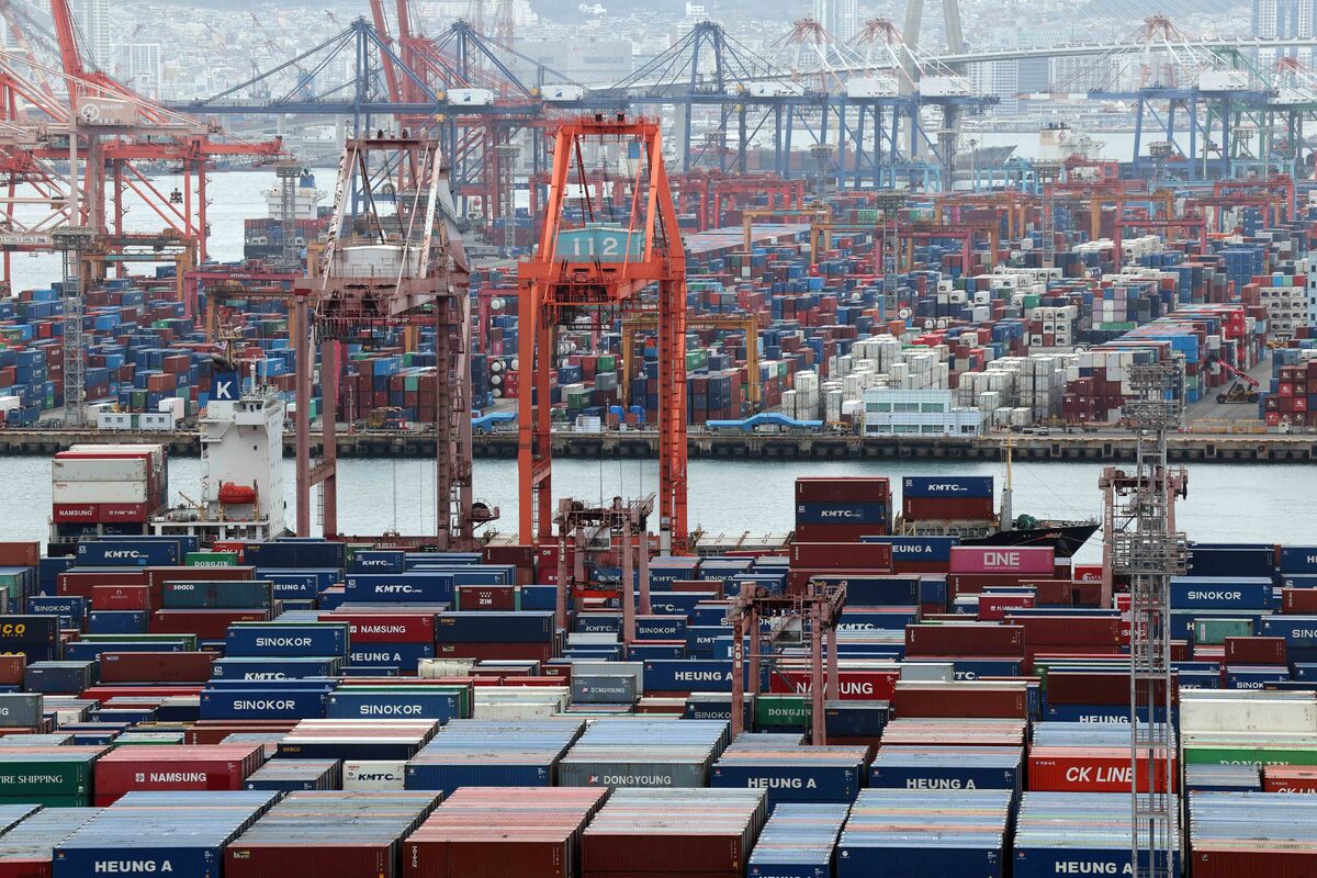 부산 남구 신선대(사진 아래) 및 감만(위) 부두 야적장에 수출입 컨테이너가 쌓여 있다. 뉴시스