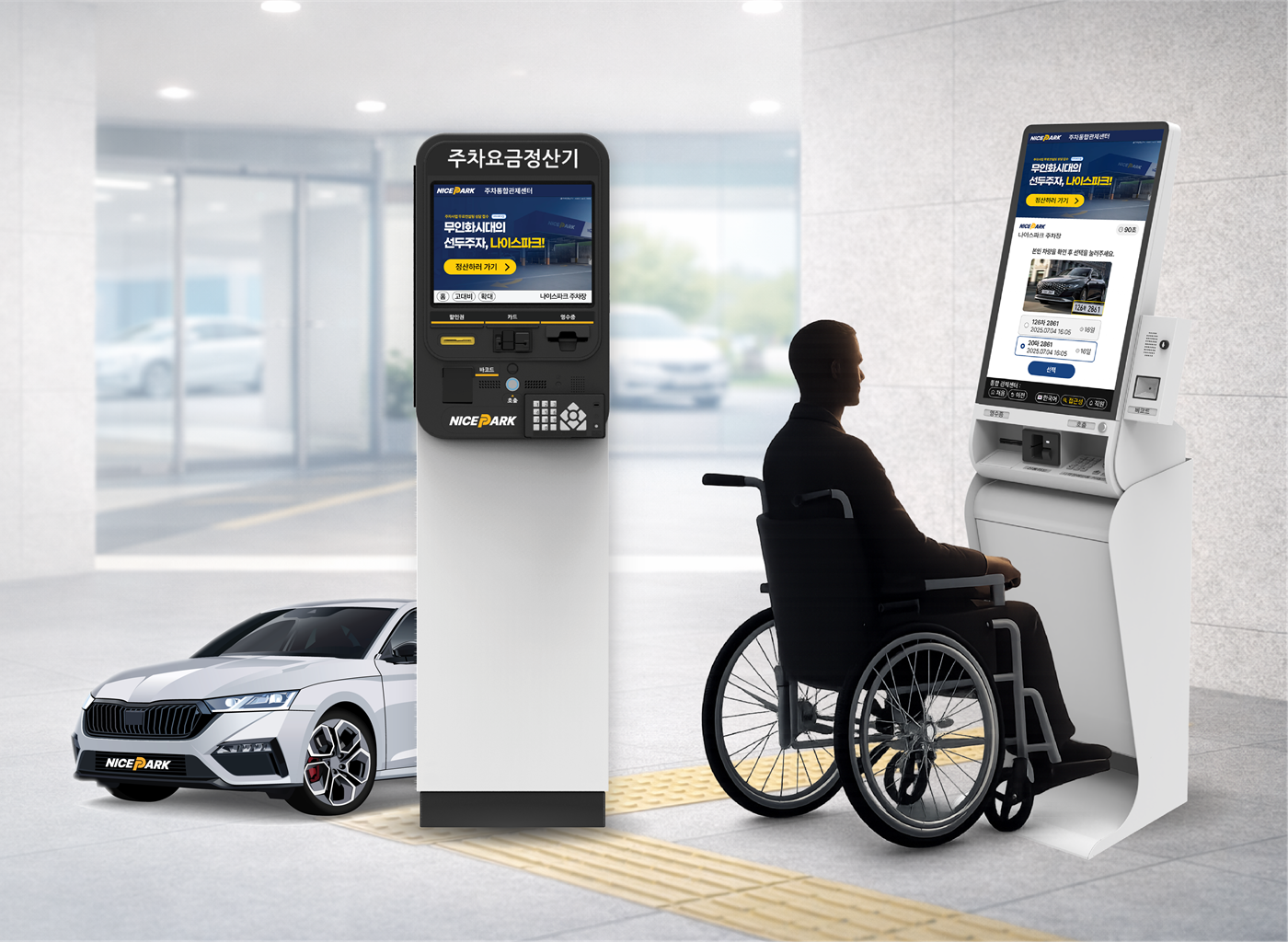 나이스파크의&nbsp;배리어프리&nbsp;주차&nbsp;솔루션&nbsp;개념&nbsp;이미지.&nbsp;휠체어&nbsp;이용자에게도&nbsp;편리하고&nbsp;안전한&nbsp;주차&nbsp;환경을&nbsp;제공하는&nbsp;장비&nbsp;모습을&nbsp;담았다.&nbsp;사진=NICE인프라&nbsp;제공