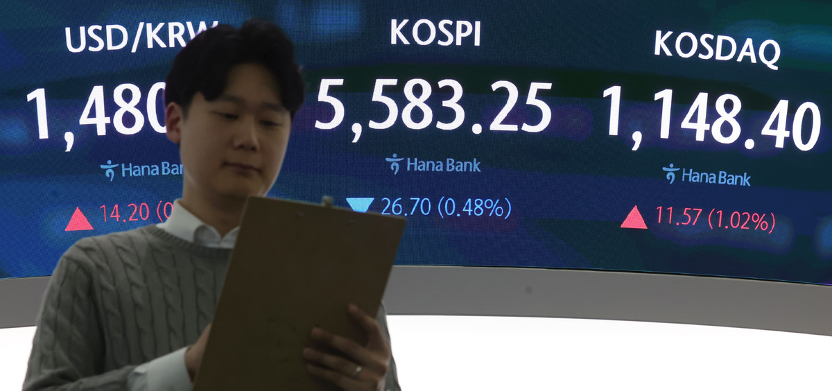 코스피가 전 거래일(5609.95)보다 26.70포인트(0.48%) 하락한 5583.25에 마감한 지난 12일 서울 중구 하나은행 딜링룸 전광판에 지수가 표시돼&nbsp;있다.&nbsp;서울 외환시장에서 원·달러 환율은 전 거래일(1466.5원)보다 14.7원 오른 1481.2원에 주간 거래를 마감했다. 뉴시스