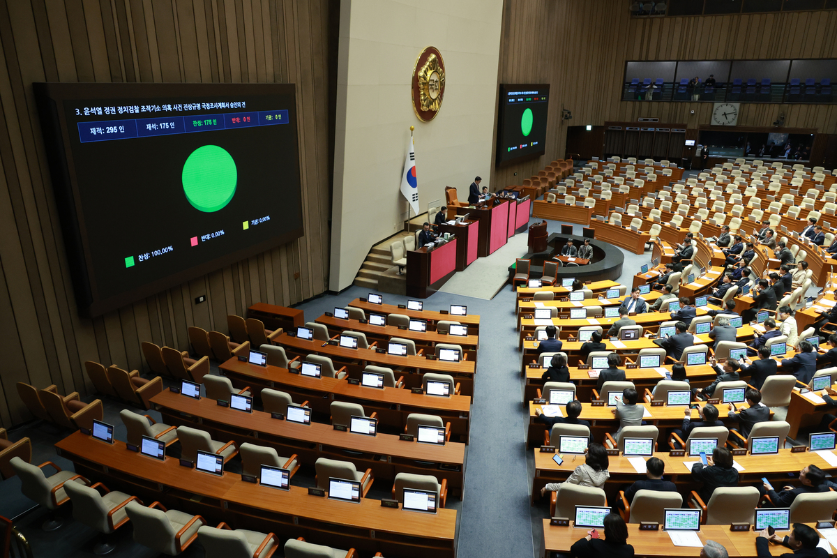 22일 서울 여의도 국회에서 열린 본회의 뉴시스에서 윤석열 정권 정치검찰 조작기소 의혹 사건 진상규명 국정조사계획서 승인의 건이 가결되고 있다. 뉴시스