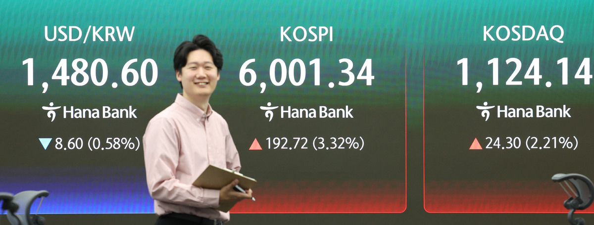 [서울=뉴시스] 조수정 기자 = 코스피가 미·이란 협상 기대감에 42일만에 6000포인트를 재돌파한 14일 오전 서울 중구 하나은행 딜링룸 전광판에 지수가 표시돼 있다. 2026.04.14. chocrystal@newsis.com