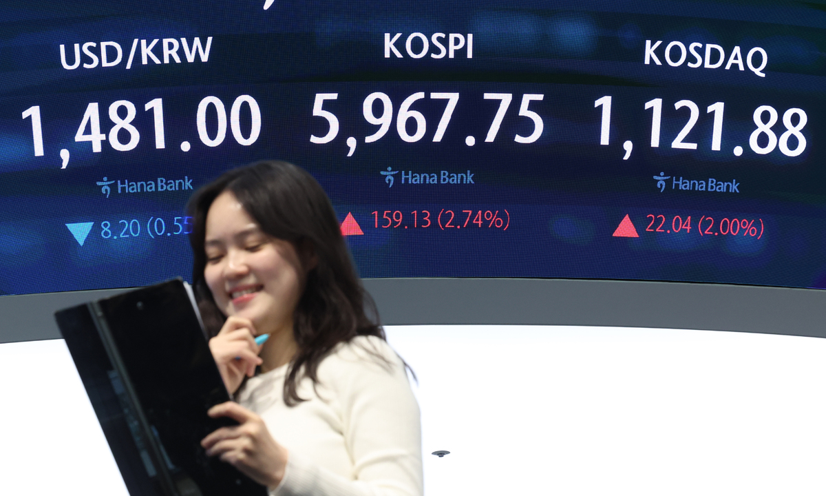 14일 오후 서울 중구 하나은행 딜링룸 전광판에 지수가 표시돼 있다. 뉴시스