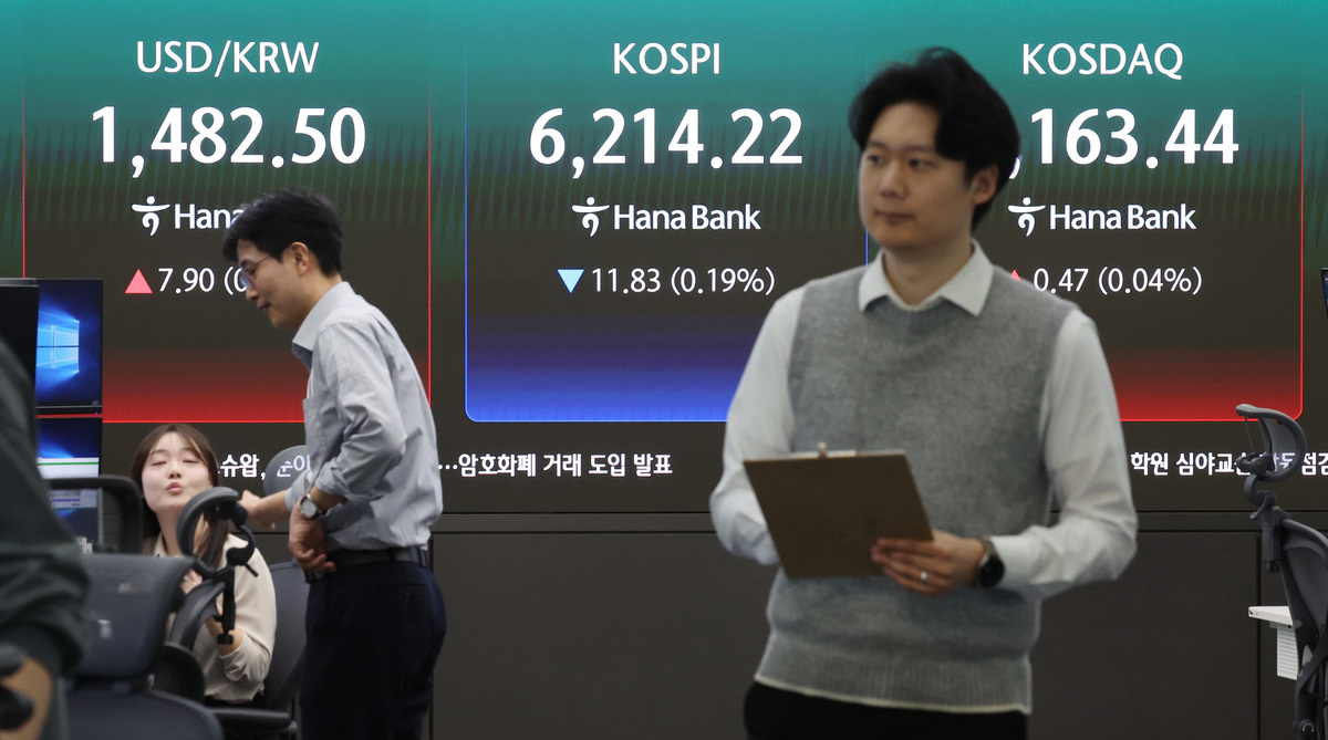 코스피가 상승 출발 후 소폭 하락 전환한 17일 서울 중구 하나은행 딜링룸에서 딜러들이 업무를 보고 있다. 코스피는 전 거래일(6226.05)보다 1.28포인트(0.02%) 상승한 6227.33에 거래를 시작했다. 뉴시스