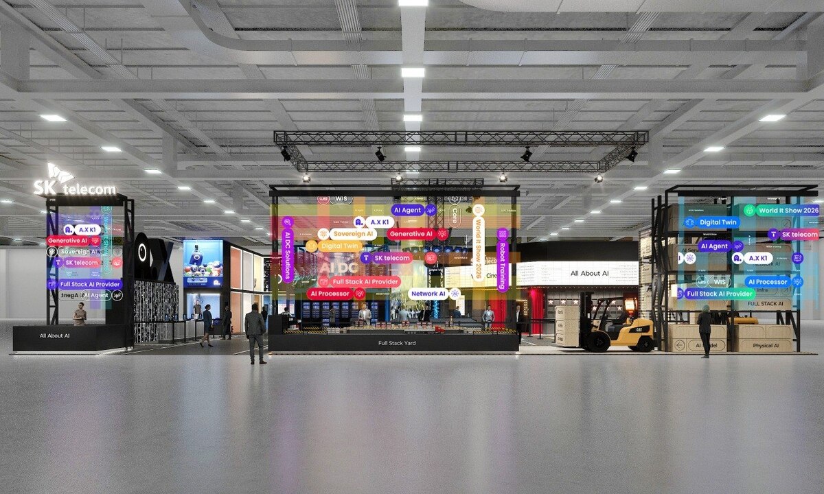 이동통신 3사가 22일 개막하는 월드IT쇼에 참가해 AI로 변화하는 미래 모습을 소개한다. SK텔레콤 부스 조감도. SK텔레콤 제공