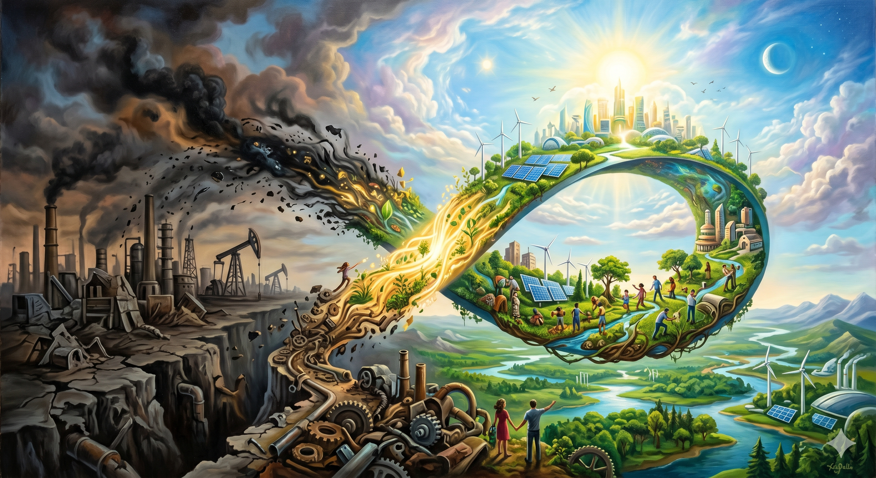 인류의 미래는 이제 선형 경제에서 순환 경제로 나아가야 더욱 밝아질 것이다. 제미나이 AI 이미지.