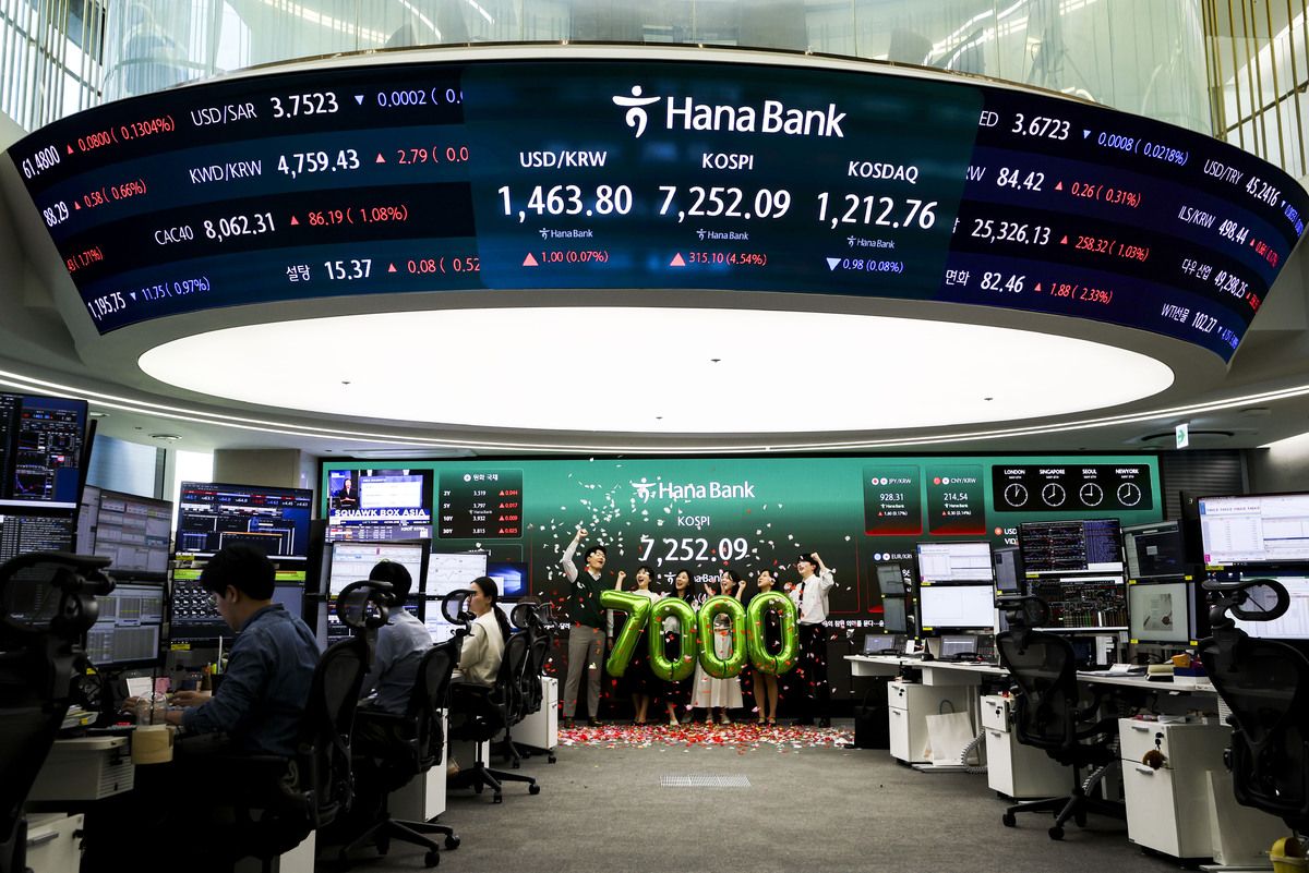 코스피가 7000을 돌파한 6일 서울 중구 하나은행 딜링룸에서 직원들이 7000 돌파 세리머니를 하고 있다. 뉴시스