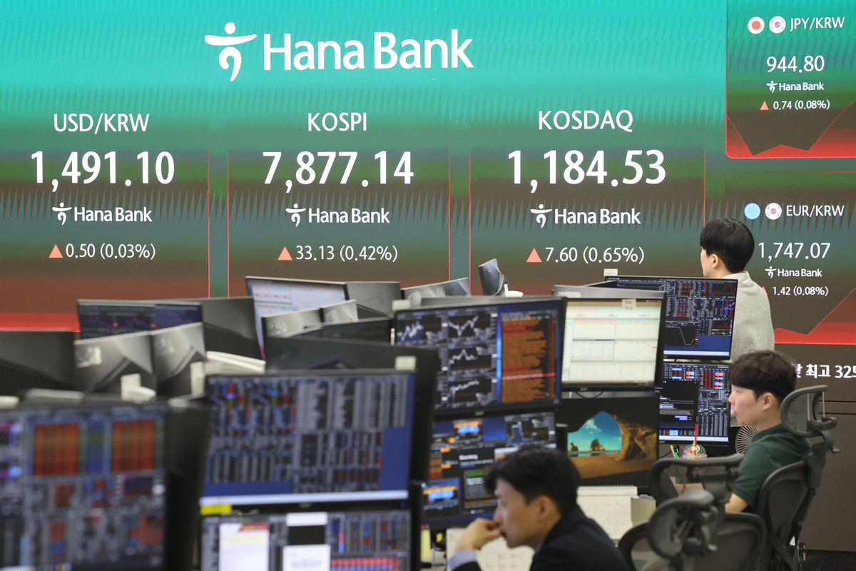 14일 하나은행 딜링룸에 지수가 표시돼 있다. 뉴시스