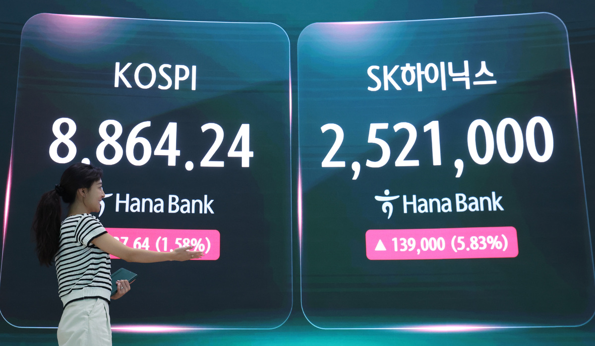 코스피가 전 거래일보다 137.64포인트(1.58%) 오른 8864.24에 마감한 17일 오후 서울 중구 하나은행 딜링룸에 지수가 표시돼 있다. SK하이닉스는 이날 5.84% 오른 252만 1천 원에 마감해 사상 최고가를 경신했다. 뉴시스