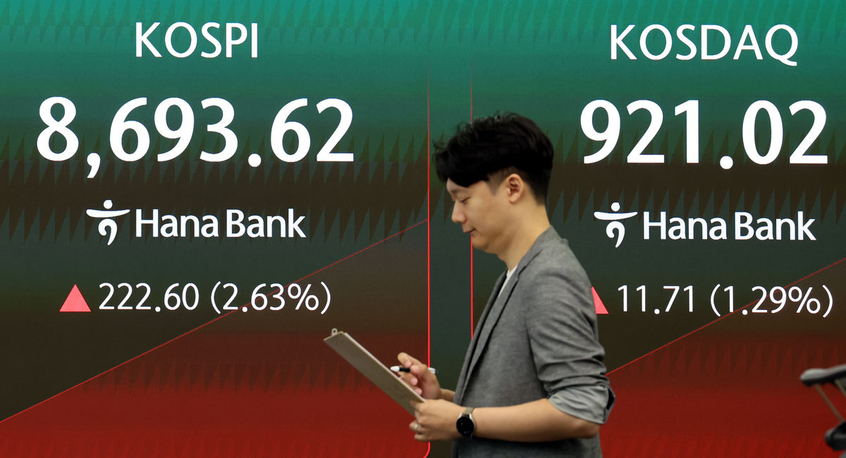 25일 오전 서울 중구 하나은행 딜링룸 전광판에 코스피 지수가 표시되고 있다. 코스피는 전 거래일(8471.02)보다 232.40포인트(2.74%) 상승한 8703.42에 개장했고 코스닥 지수는 전 거래일(909.31)보다 14.35포인트(1.58%) 오른 923.66에 거래를 시작했다. 뉴시스