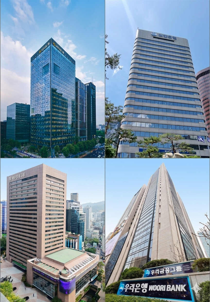 KB금융, 신한금융, 우리금융, 하나금융 본사 전경(왼쪽 위부터 시계방향으로)