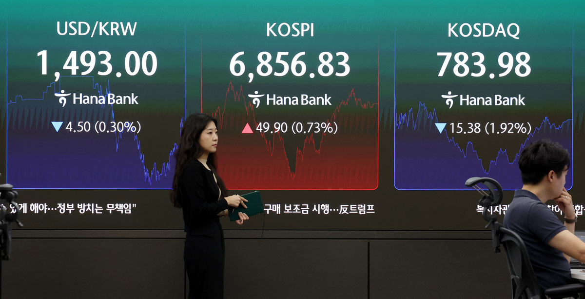 14일 서울 중구 하나은행 딜링룸에서 딜러들이 업무를 보고 있다. 뉴시스 제공