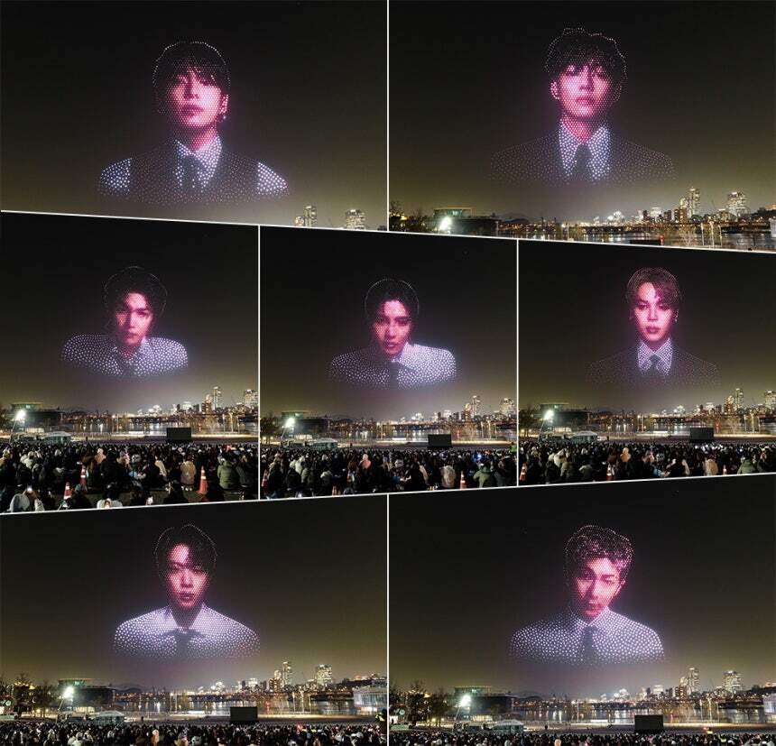 지난 3월 20일 서울 뚝섬한강공원 상공에서 유비파이의 드론 2000대가 BTS 멤버들의 얼굴을 그리고 있다. 유비파이 제공