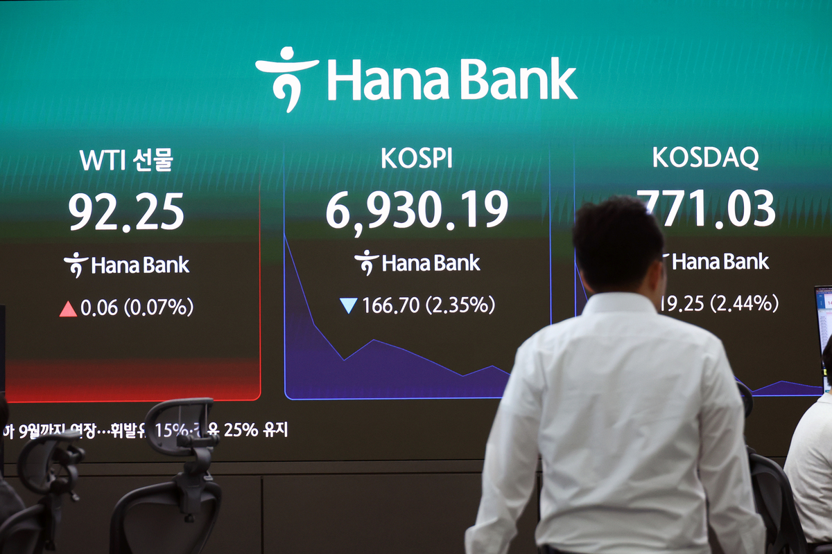 국제 유가가 2개월여 만에 배럴당 100달러를 재돌파한 24일 서울 하나은행 본점 딜링룸 전광판에 국제유가 지수와 코스피, 코스닥 지수가 표출되고 있다. 뉴시스