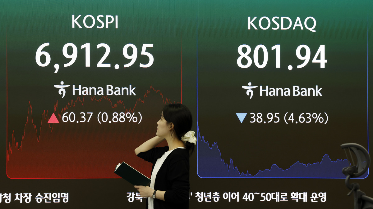 21일 서울 중구 하나은행 딜링룸 전광판에 주요 지수가 표시 되고 있다. 코스피는 전거래일 60.37포인트(0.88%) 오른 6,912.95보다 에 마감했다. 코스닥 지수는 전거래일보다 38.95포인트(4.63%) 내린 801.94에 장을 마쳤다. 뉴시스