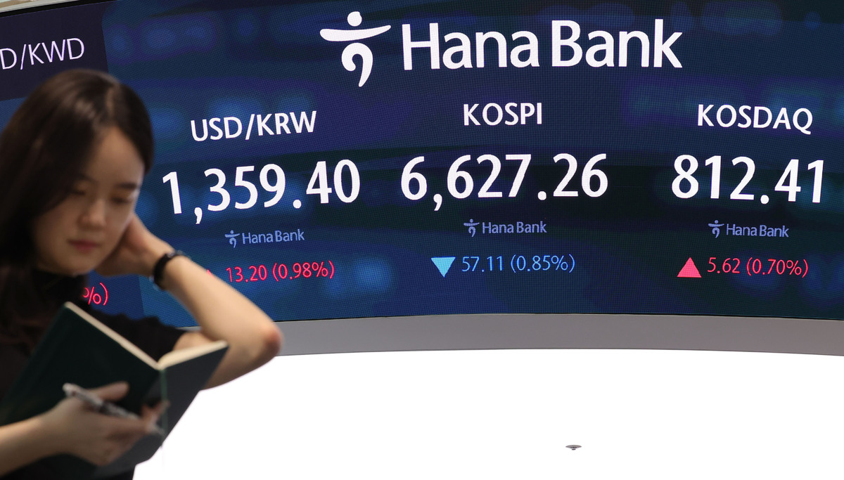 코스피가 전 거래일보다 57.11포인트(0.85%) 내린 6627.26로 장을 마감한 지난 15일 오후 서울 중구 하나은행 딜링룸 전광판에 지수가 표시되고 있다. 이날 서울외환시장에서 달러·원 환율은 전일 오후 3시 30분 주간종가 대비 12.10원 오른 1359.40원을 기록했다. 뉴시스