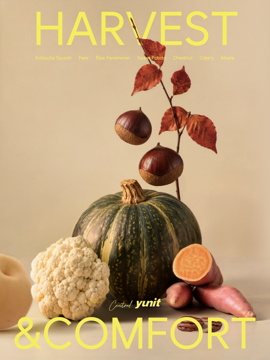 센트럴 윤잇 국립극장점 가을·겨울 시즌 다이닝 ‘HARVEST&amp;COMFORT’의 콘셉트 이미지. 단호박·밤·배·고구마 등 제철 식재료를 통해 수확의 풍요로움과 편안한 한 끼를 표현했다. 사진=SB성보