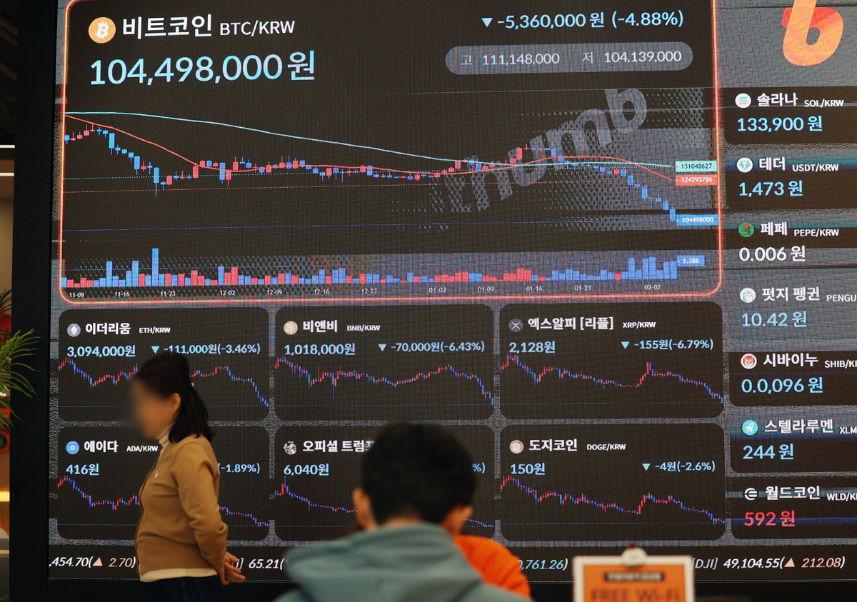 5일 서울 강남구 빗썸라운지에 전광판에 비트코인 등 암호화폐 시세가 나오고 있다. 뉴시스