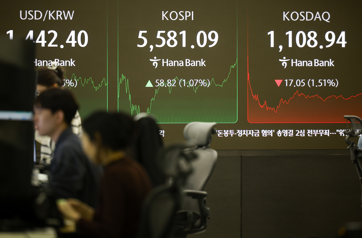 코스피가 장중 5580선을 돌파한 가운데 13일 서울 중구 하나은행 딜링룸 전광판에 시황 정보가 표시돼있다. 뉴시스