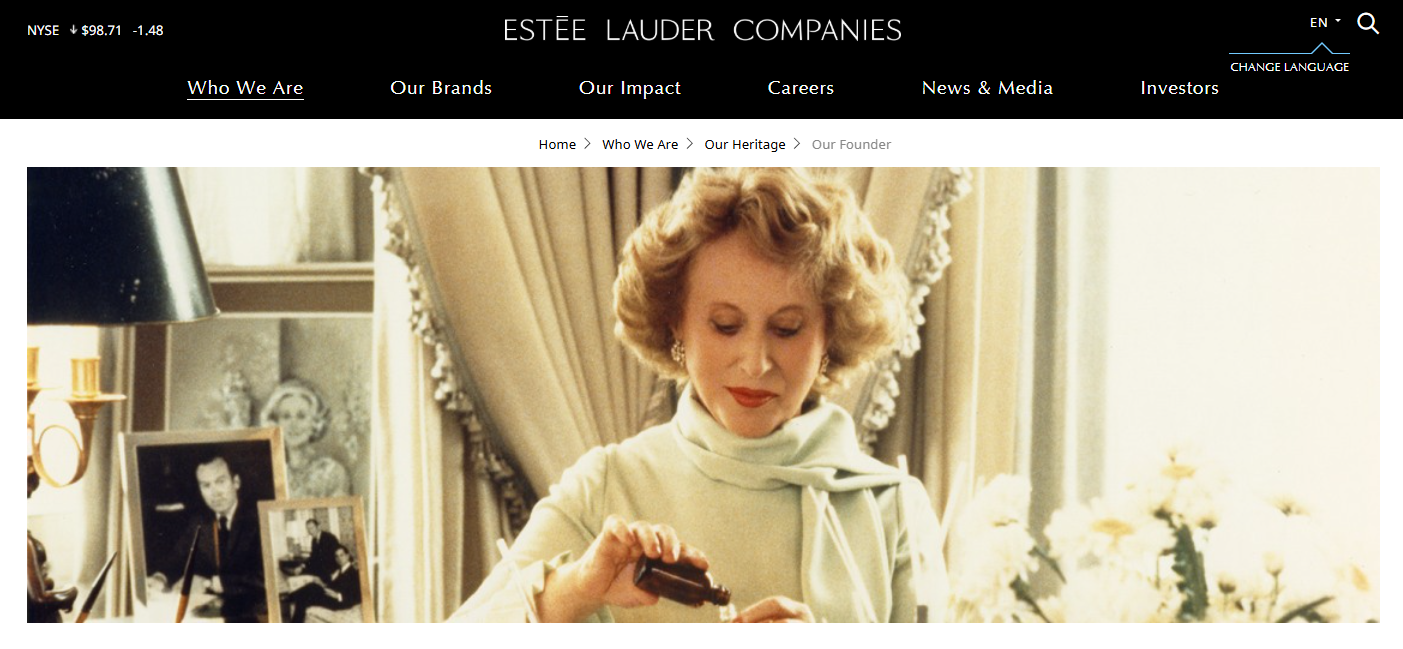 글로벌 뷰티 기업 에스티 로더의&nbsp;창업주 에스티 로더. 에스티 로더&nbsp;홈페이지 갈무리.