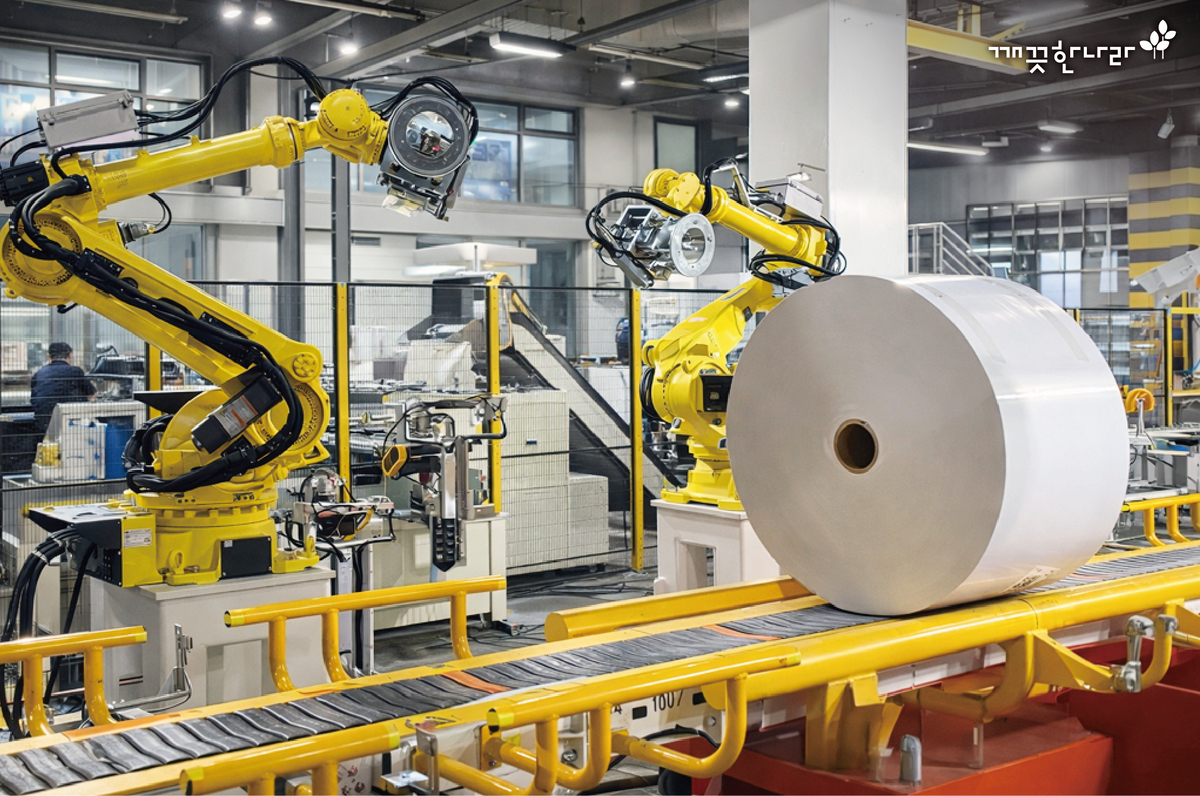 12대 첨단 로봇 설비가 도입된 청주공장의 원지포장 공정. 깨끗한나라 제공