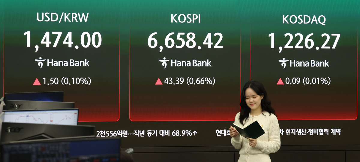 코스피가 전 거래일(6615.03)보다 31.77포인트(0.48%) 상승한 6646.80에 개장한 28일 서울 중구 하나은행 딜링룸에 코스피 시세가 보이고 있다. 뉴시스