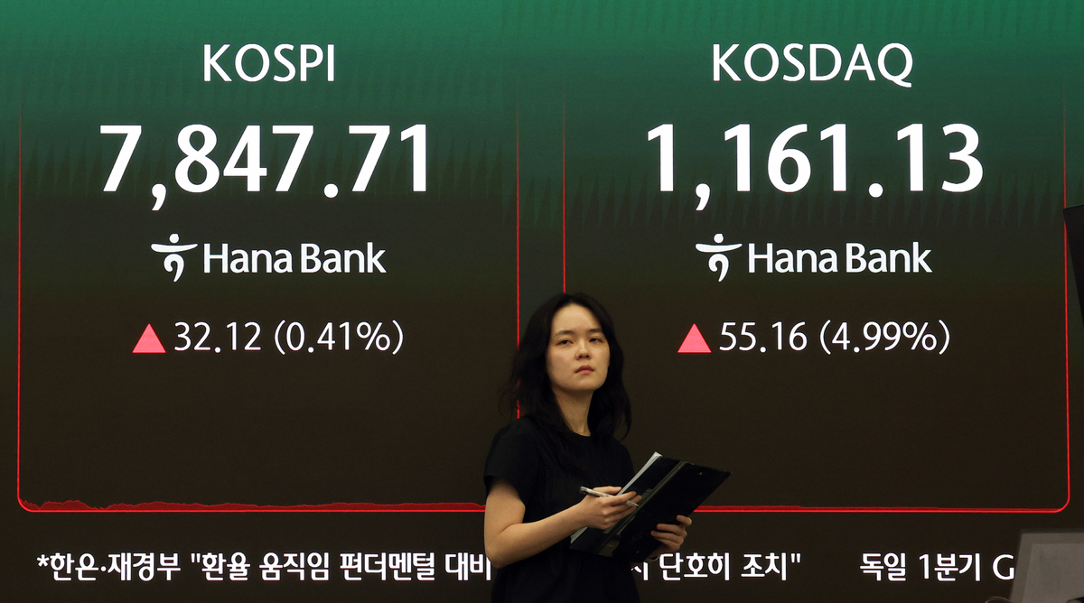 코스피가 전 거래일보다 32.12포인트(0.41%) 오른 7847.71에 마감한 22일 서울 중구 하나은행 딜링룸에 코스피 종가가 보이고 있다. 뉴시스