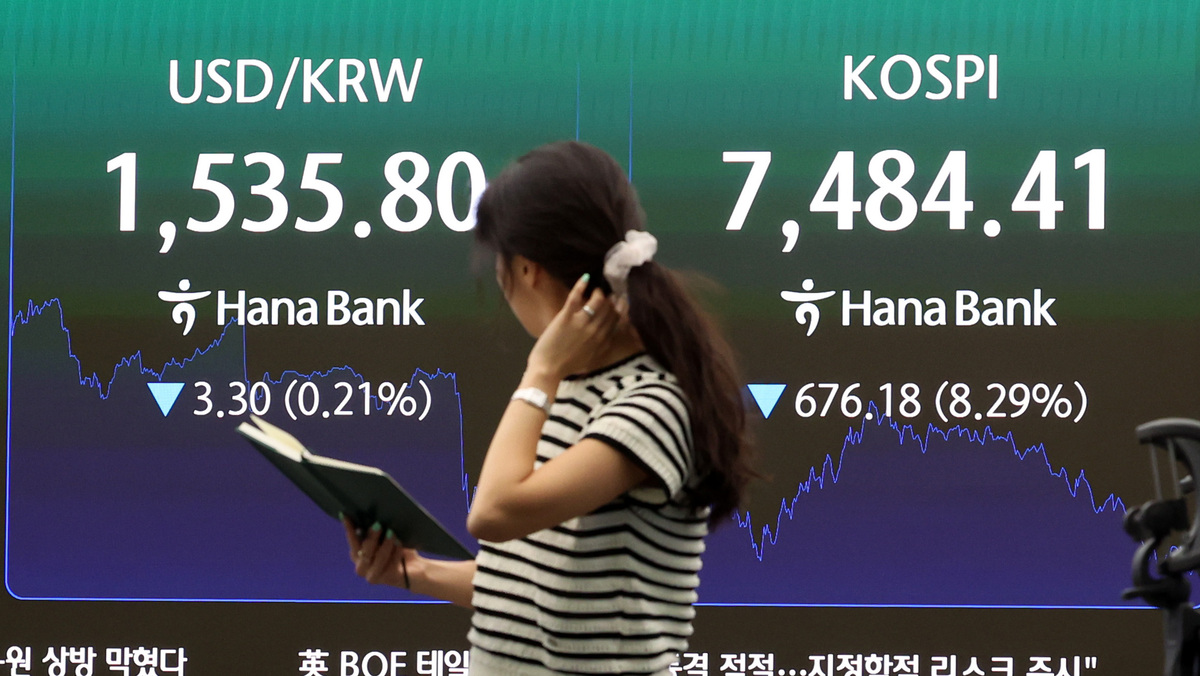 코스피가 전 거래일(8160.59)보다 676.18포인트(8.29%) 내린 7484.41에 마감한 8일 오후 서울 중구 하나은행 딜링룸 전광판에 종가가 표시돼 있다. 코스닥 지수는 전 거래일(1002.44)보다 91.05포인트(9.08%) 하락한 911.39, 서울 외환시장에서 원·달러 환율은 전 거래일(1539.1원)보다 4.1원 내린 1535.0원에 주간 거래를 마감했다. 뉴시스