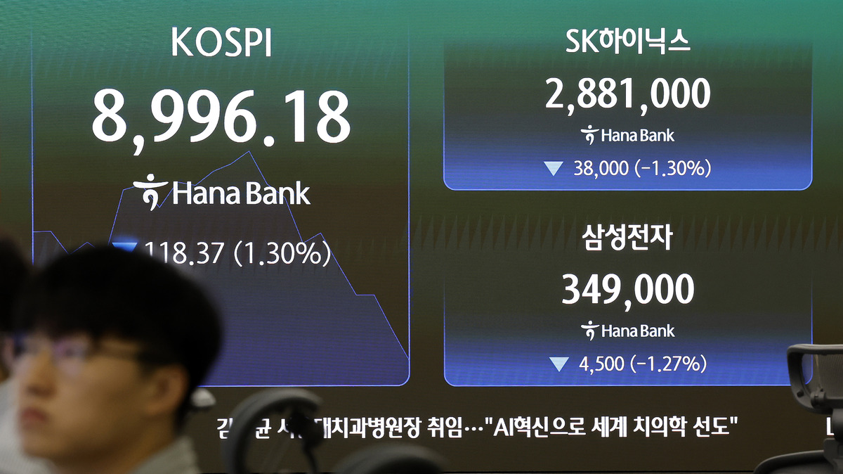 코스피가 전 거래일보다 31.01포인트(0.34%) 내린 9083.54에 개장한 23일 오전 서울 중구 하나은행 딜링룸 전광판에 지수가 표시되고 있다. 뉴시스