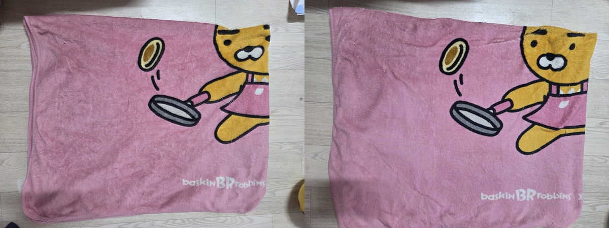 습식청소기 스팟클린 미니를 사용하기 전 극세사 이불(왼쪽)과 사용 후 모습. 박재림 기자