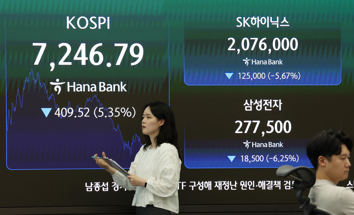 삼성전자와 SK하이닉스의 거래대금이 국내 증시에서 차지하는 비중이 한 달여 만에 30%에서 51%로 급증한 것으로 나타났다. 코스피·코스닥이 5%대 하락 마감한 지난 8일 서울 중구 하나은행 딜링룸에서 딜러들이 업무를 보고 있다. 뉴시스