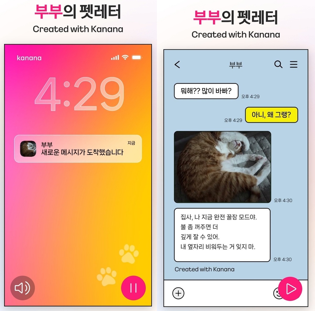 반려동물의 사진을 올리면 카카오의 AI 카나나가 속마음을 유추해 편지를 보내는&nbsp;‘카나나 펫레터’로 만든 펫레터 갈무리.
