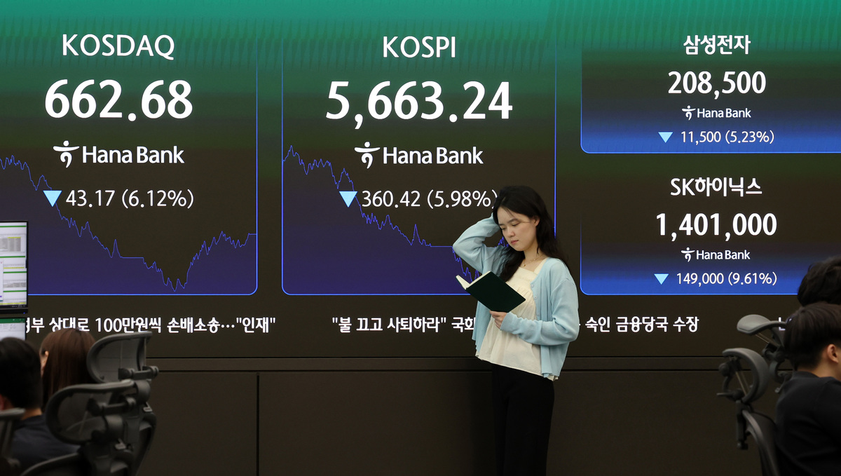 코스피가 전 거래일 보다 5.98% 하락한 5663.24에 마감한 29일 오후 서울 중구 하나은행 딜링룸 전광판에 종가가 표시돼 있다. 뉴시스 제공