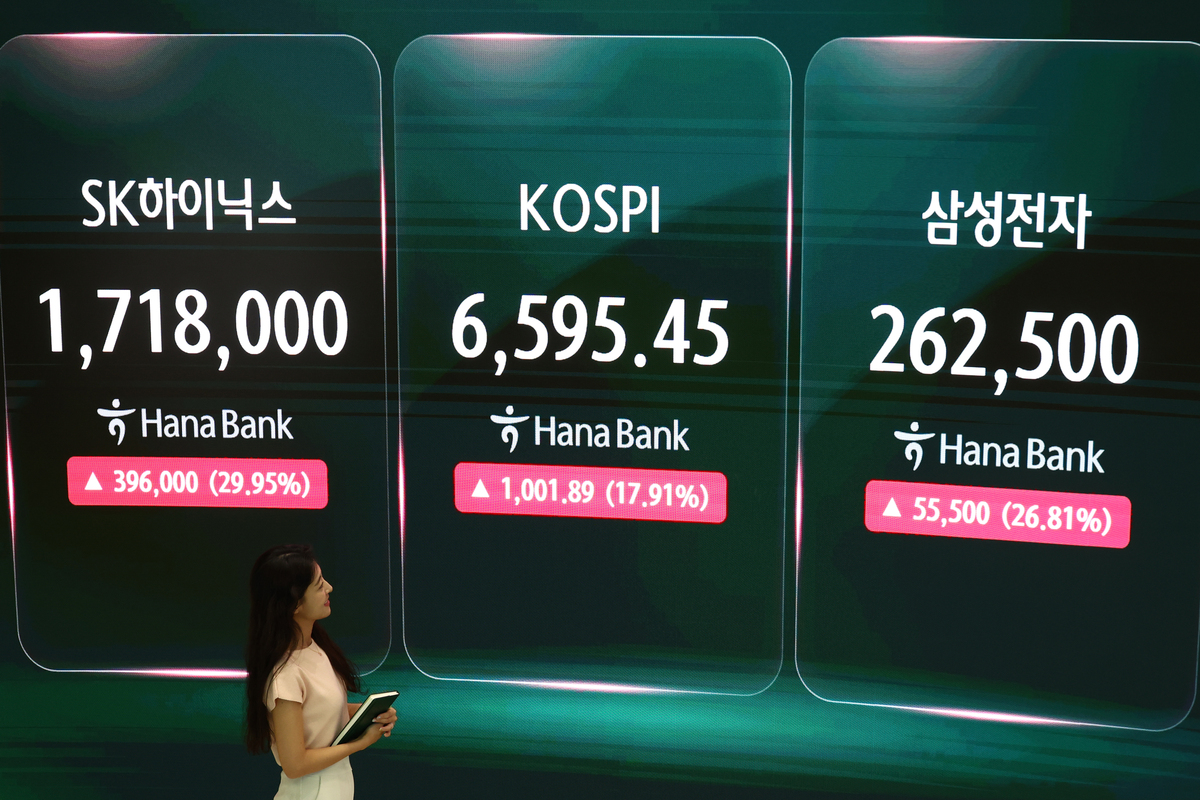코스피가 17.91% 오른 6595.45에 마감하면서 SK하이닉스와 삼성전자 주가가 각각 29.95%, 26.81% 오른 31일 서울 하나은행 딜링룸에서 딜러들이 업무를 보고 있다. 뉴시스 제공