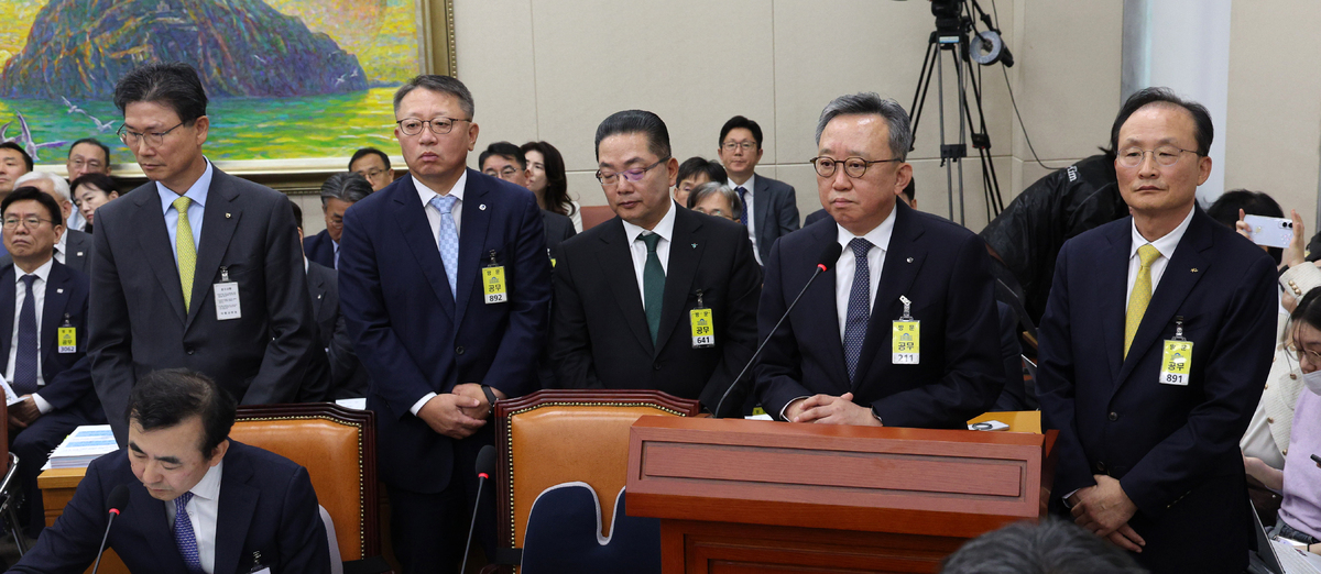 강태영(왼쪽부터) NH농협은행장, 정상혁 신한은행장, 이호성 하나은행장, 정진완 우리은행장, 이환주 KB국민은행장이 19일 서울 여의도 국회에서 열린 정무위원회 국정감사(금융감독원 등)에서 의원 질의를 듣고 있다. 뉴시스