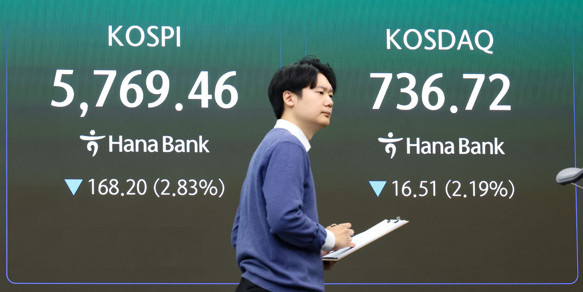 코스피가 전날보다 177.31포인트(2.99%) 내린 5760.35에 개장한 30일 오전 서울 중구 하나은행 딜링룸에 지수가 표시돼 있다. 뉴시스